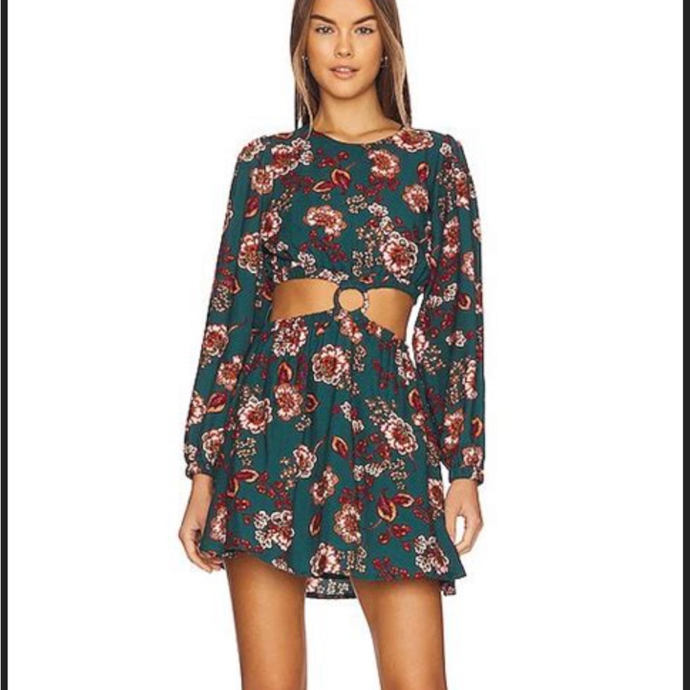 MINKPINK Green Floral Long Sleeve Dress with Cutouts